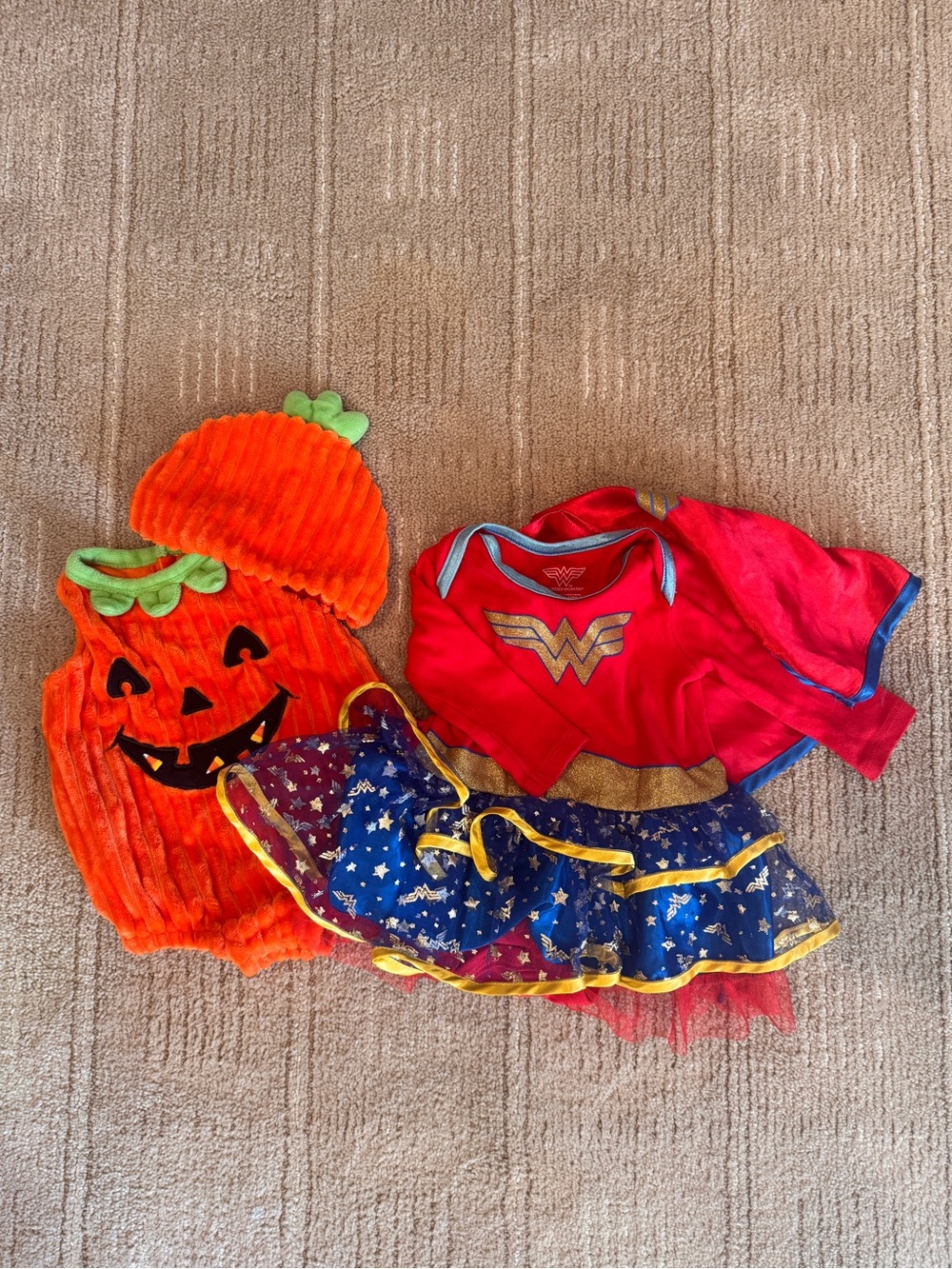 Wonder Woman Red and Blue Halloween Costume Set with Orange Pumpkin Romper